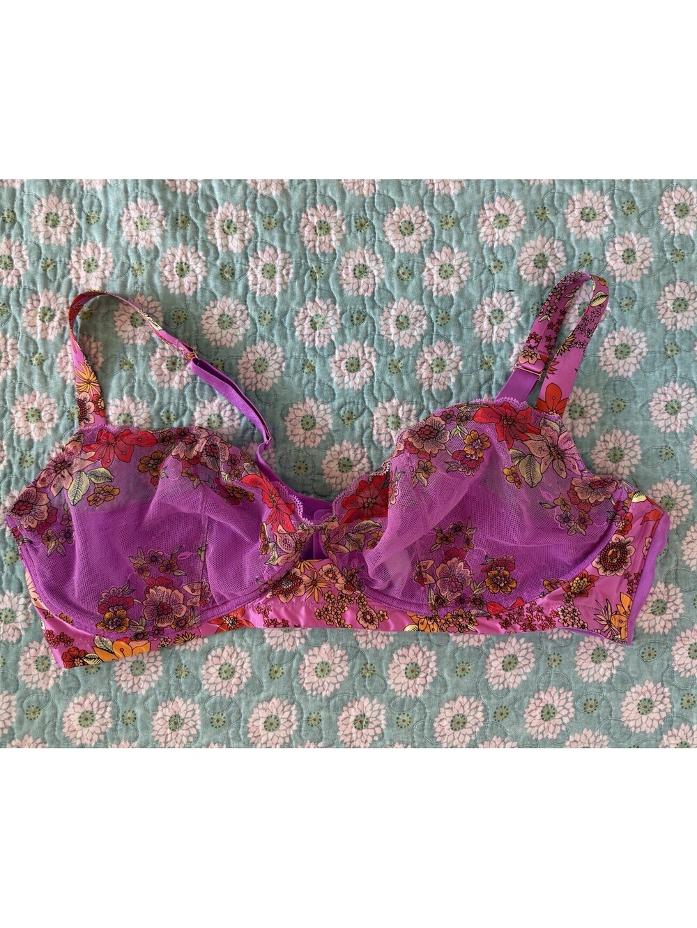 Savage X Fenty Mod Poppy Unlined Lace Balconette Bra Purple Floral 44DDD Sexy